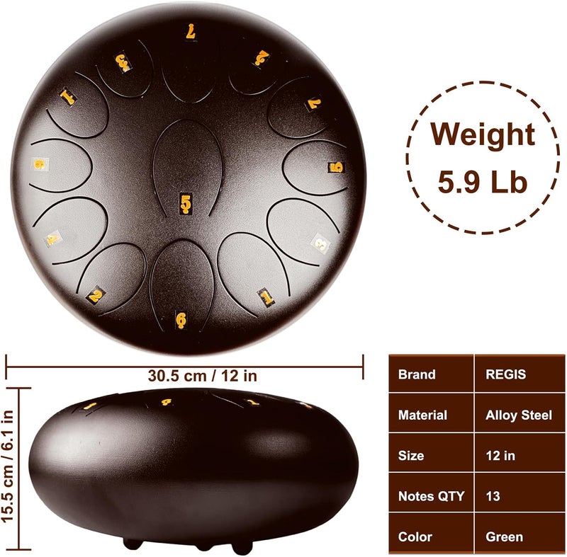 Regis Steel Tongue Drum 12 Inch 13 Notes C Major – Handpan Drum Percussion Instrument for Adults, Beginner Friendly Music Gift with Mallets, Music Book & Carry Bag (Bronze) - Image 3